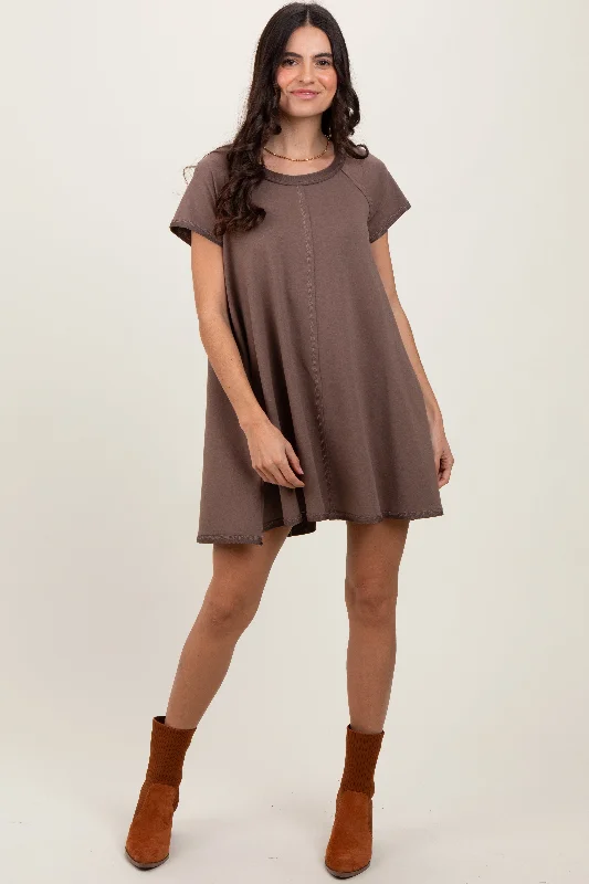 Women's Trendy Clothing Brown French Terry Basic Short Sleeve Mini Dress