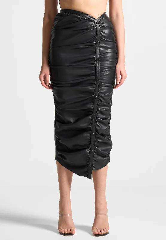 Women's Formal Event Attire Leather Ruched Midaxi Skirt - Black