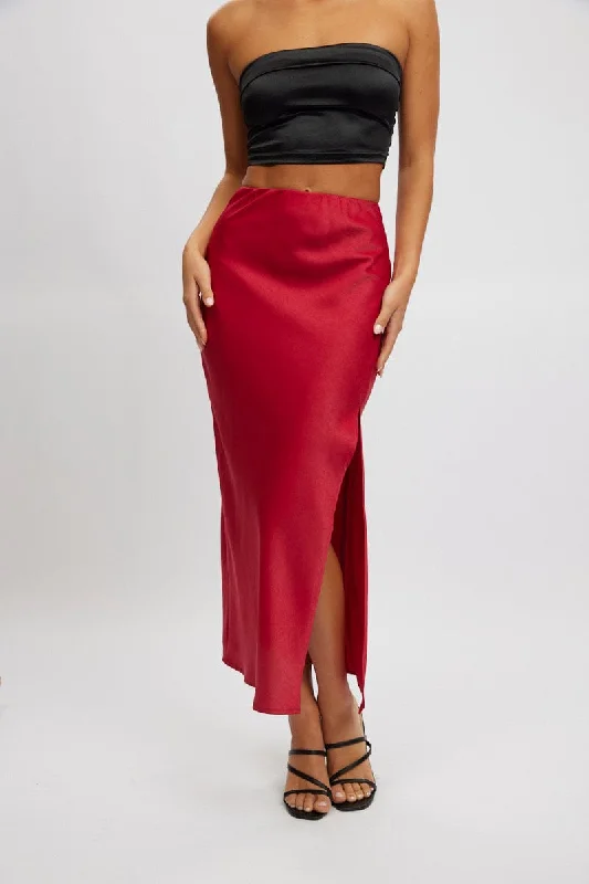 Women's Formal Event Attire Red Slip Skirt High Waist Front Split Midaxi Satin