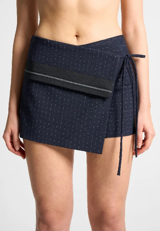 Women's Clothing Apparel Pinstripe Tailored Mini Skort with Tie - Navy