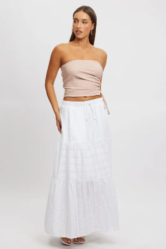 Women's Elegant Formal Outfit White Tiered Maxi Skirt High Rise Elastic Waist Lined