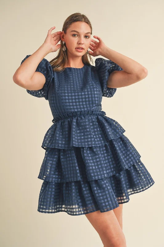 Women's Occasion Wear Clothing Navy Puff Sleeve Tiered Layer Mini Dress