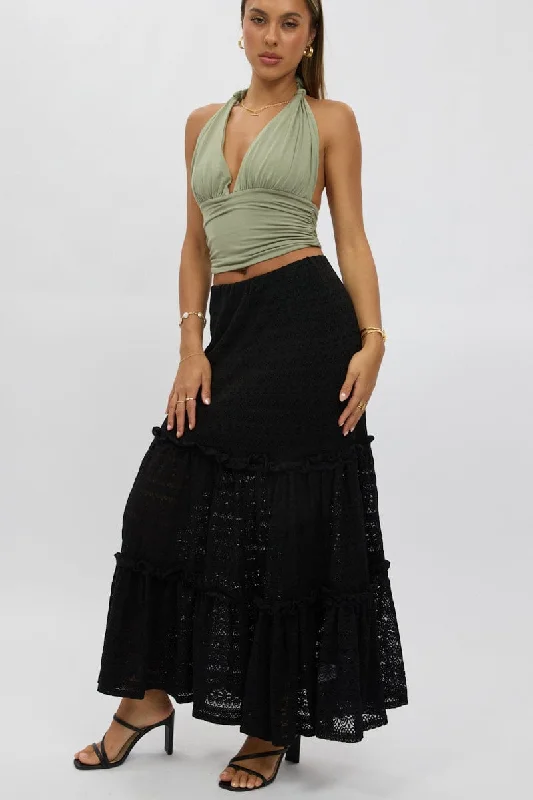 Affordable Women's Outfit Black Lace Maxi Skirt Elastic Waist Tiered Lined