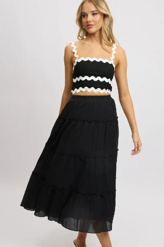 Relaxed Fit Women's Fashion Black Midi Skirt Tiered High Rise Lined