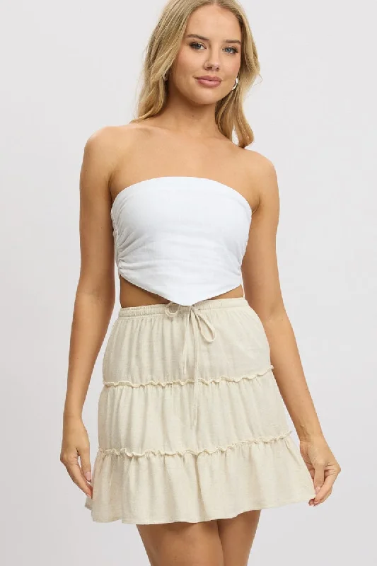 Women's High-Fashion Apparel Beige Skater Skirt High Rise Tiered Mini