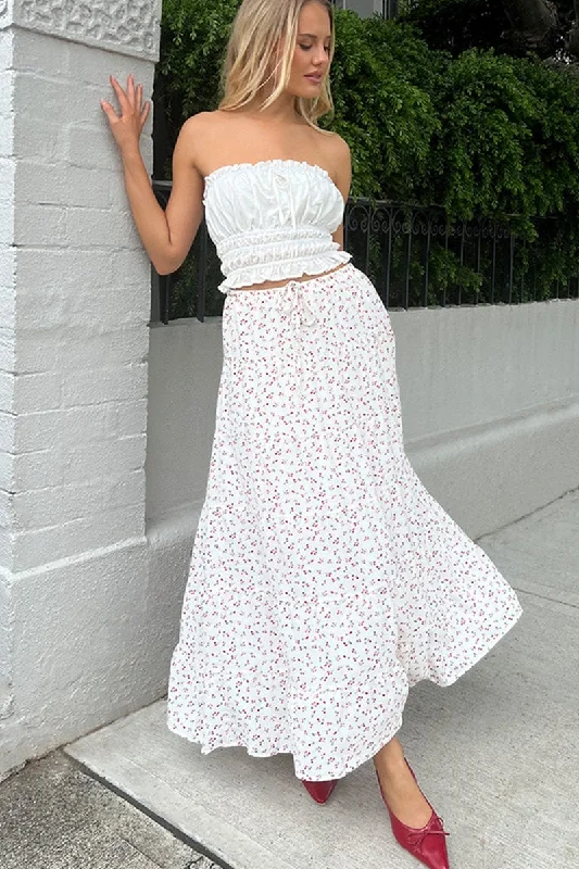 Elegant Women's Attire White Ditsy Maxi Skirt Tiered High Rise