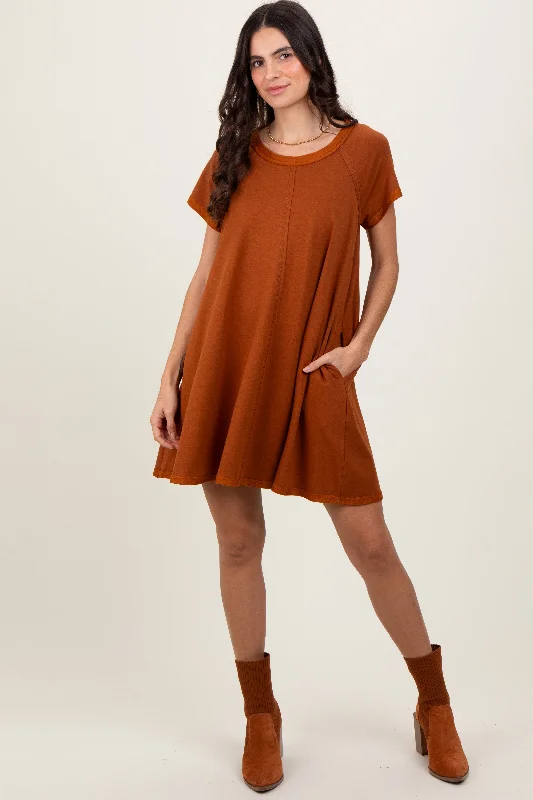 Comfortable Lounge Clothing Rust French Terry Basic Short Sleeve Mini Dress