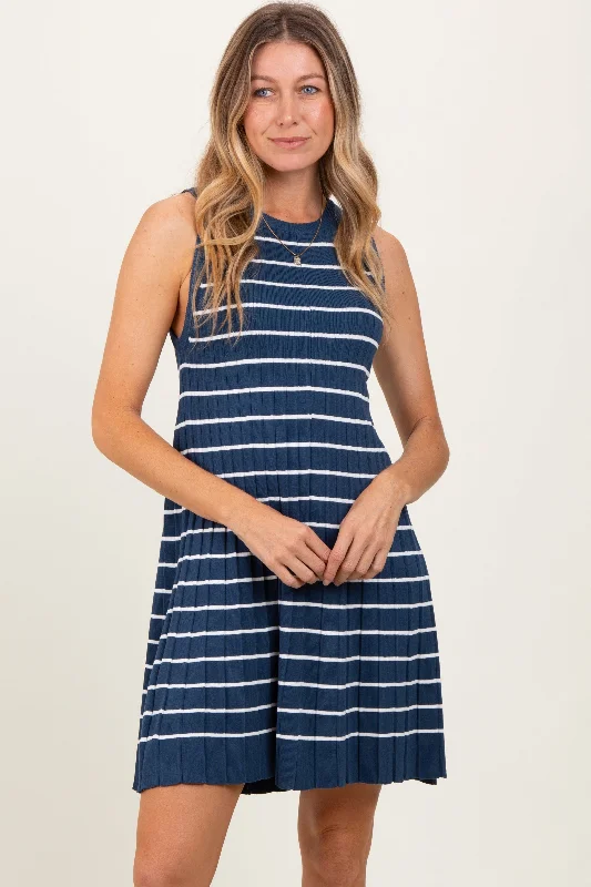 Women's Everyday Apparel Navy Ribbed Pleated Knit Sleeveless Mini Dress