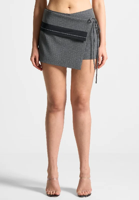 Women's Holiday Attire Pinstripe Tailored Mini Skort with Tie - Grey