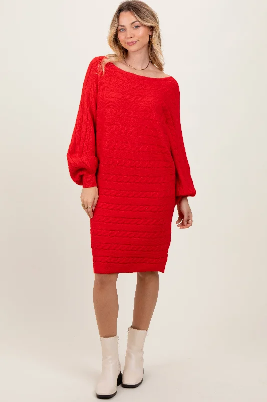 Trendy Outfits For Ladies Red Cable Knit Dolman Sleeve Sweater Mini Dress