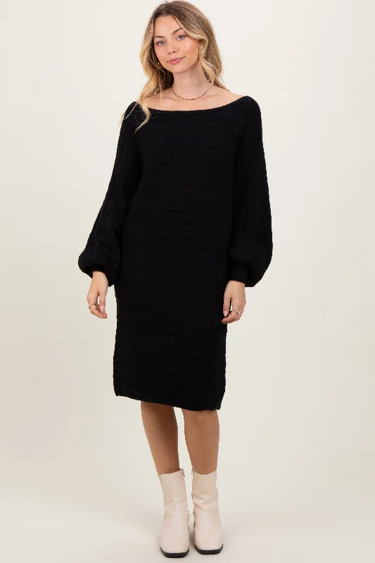 Woman Clothing Black Cable Knit Dolman Sleeve Sweater Mini Dress