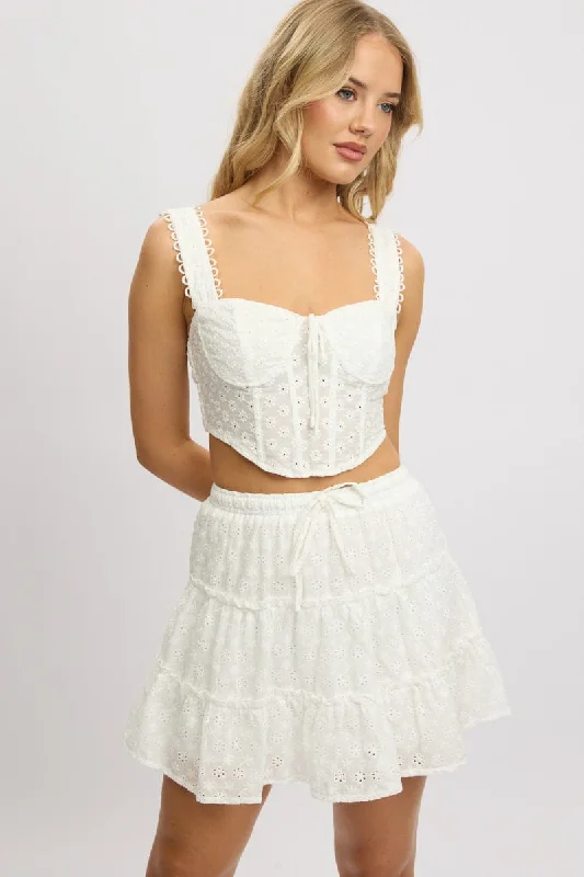 Chic Clothes For Women White Skater Skirt High Rise Tiered Mini Broidery Eyelet