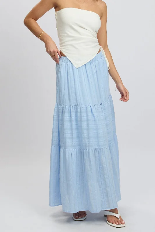 Women's Plus-Size Casual Outfit Blue Tiered Maxi Skirt High Rise Elastic Waist Lined