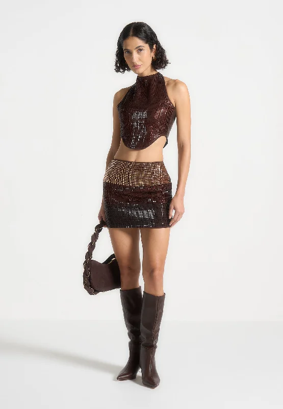 Women's Relaxed Outfit Rhinestone Ombre Mini Skirt - Brown/Gold