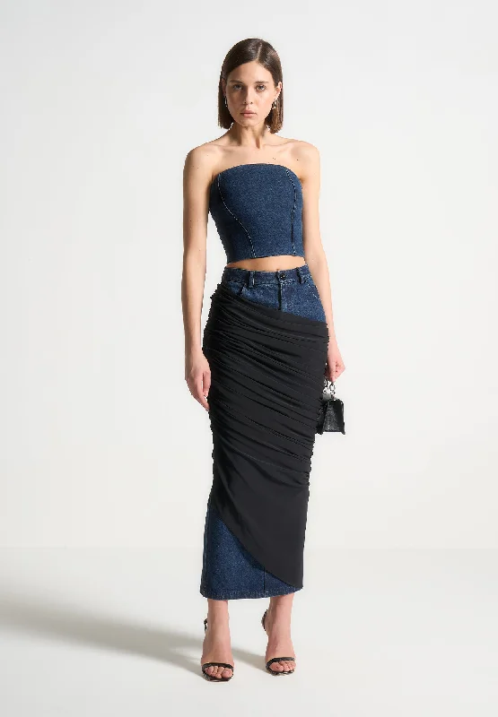 Women's Luxury Apparel Draped Mesh Denim Maxi Skirt - Indigo