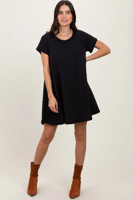 Affordable Trendy Clothes For Women Black French Terry Basic Short Sleeve Mini Dress