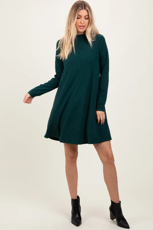 Clothes For Sale Forest Green Ribbed Mock Neck Long Sleeve Basic Dress