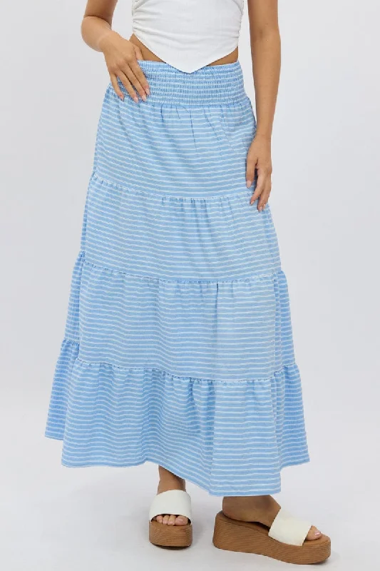 Elegant Clothing For Women Blue Stripe Maxi Skirt Shirred Waist Tiered Relaxed Fit