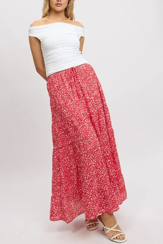 Women's Attire Red Ditsy Maxi Skirt Tiered High Rise