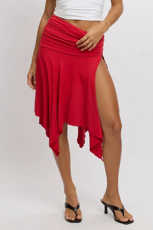 Women's Formal Wear Red Scarf Hem Skirt High Rise Midi Asymm Supersoft