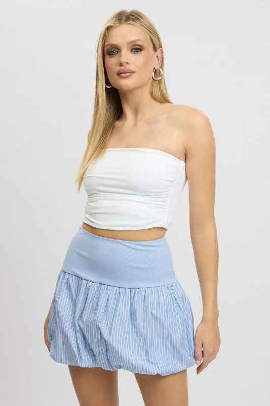 Fashion Women's Clothing Blue Stripe Bubble Skirt High Rise Rib Waist Mini Balloon