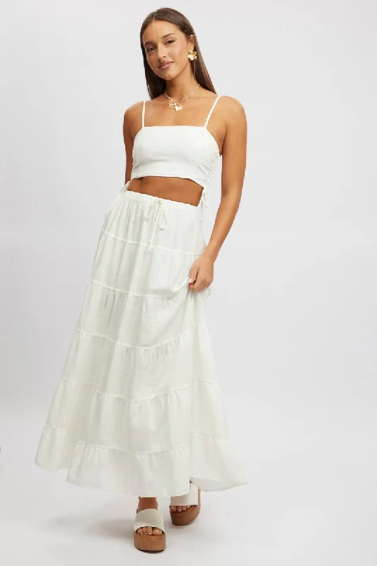 Elegant Women's Fashion White Maxi Skirt Tiered High Rise