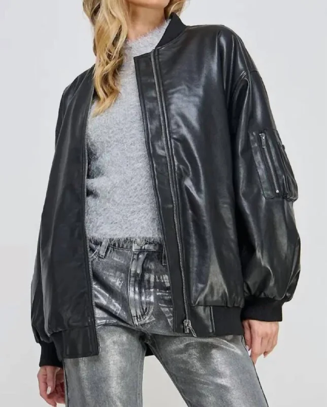 Sale For Women Zip Up Pockets Pu Faux Leather Bomber Jacket In Black