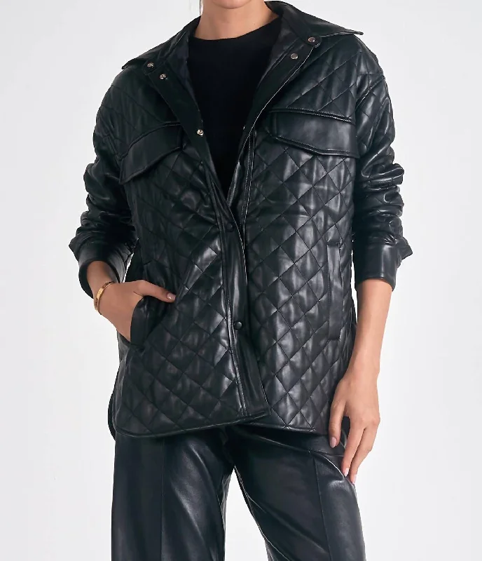 Women's High-Fashion Clothes Quilted Faux Leather Jacket In Black