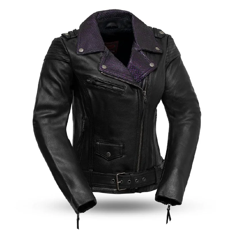 Women Fashion First Manufacturing FIL184CJS Women’s ‘The Iris’ Black Leather Motorcycle Jacket