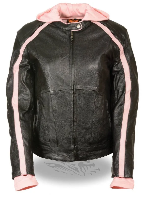 Women's Cozy Clothes Milwaukee Leather SH1951 Women's Black and Pink Striped Leather Jacket with Zip-Out Hoodie