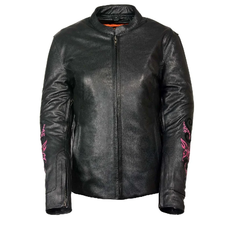 Timeless Women's Apparel Milwaukee Leather ML2071 Ladies Black Leather Jacket with Fuchsia Butterfly Design