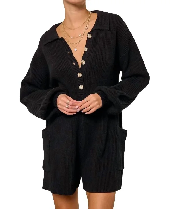 Women's Evening Wear Buttoned Sweater Knit Romper In Black