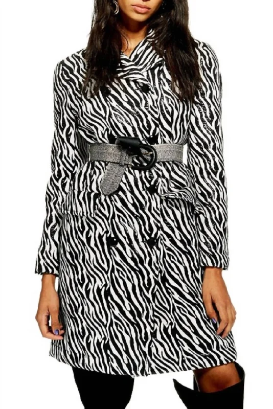 Women's Seasonal Attire Zebra Print Double Breasted Shimmer Coat In Black/white