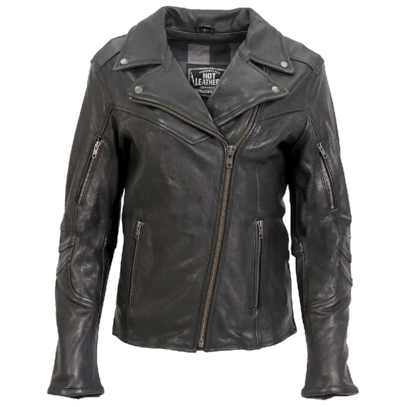 Casual Chic Clothing For Women Hot Leathers JKL1034 Ladies Black Leather MC Jacket with Plaid Flannel Lining