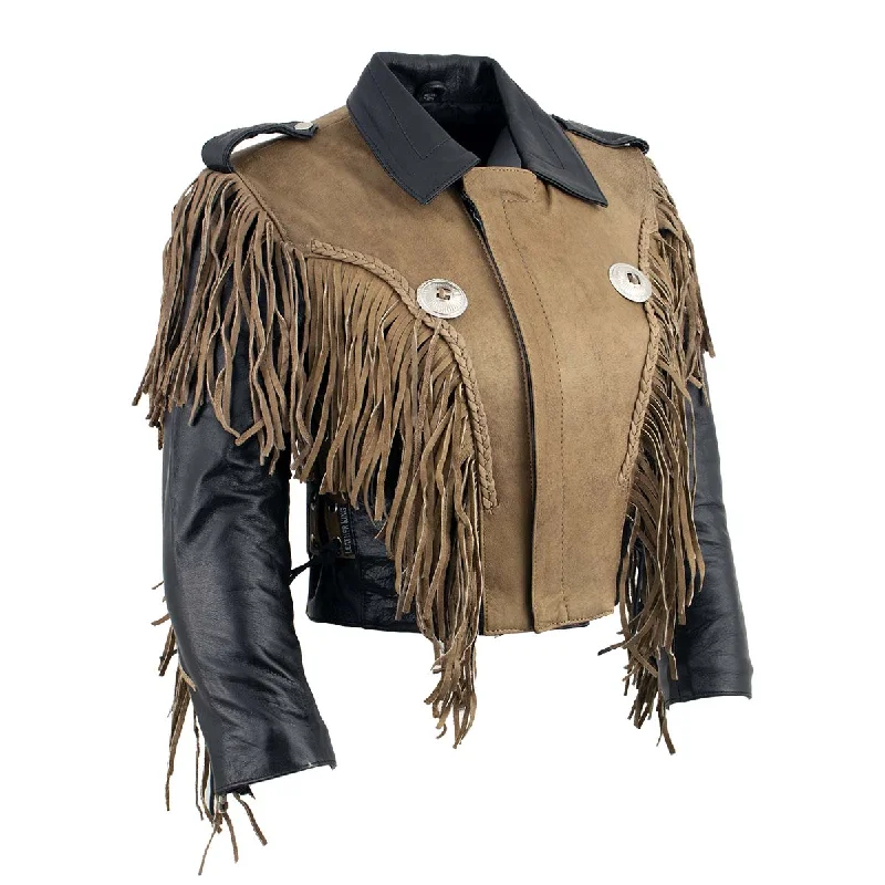 Fashionable Dresses for Women Leather King SH2015 Ladies ‘Fringed’ Cropped Two Tone Jacket with Braiding Detail