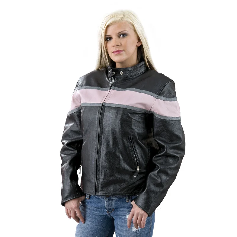 Online Boutiques Clothing Genuine Leather EL7111 Ladies Black and Pink Racer Style Leather Jacket