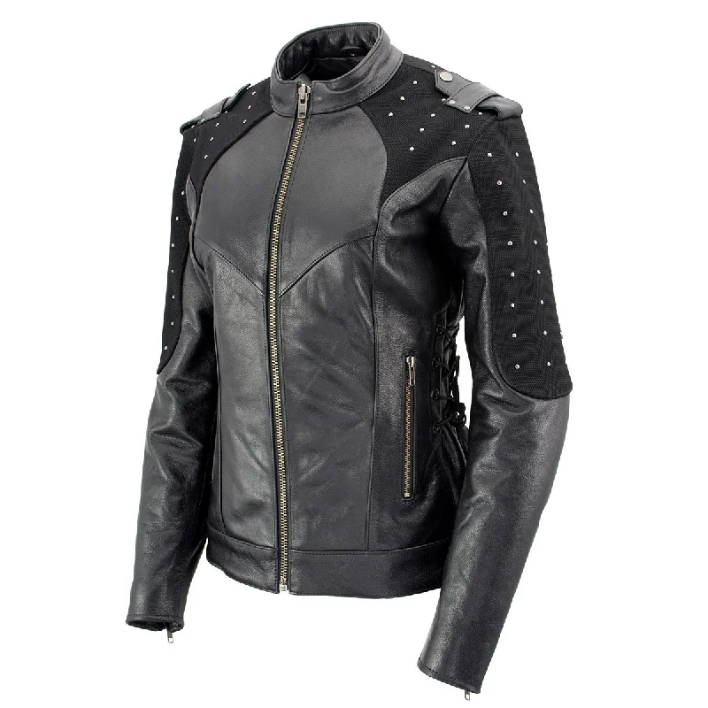 Classic Women's Apparel Xelement Women's Scuba Black Leather Motorcycle Biker Jacket with Reflective Wings and Studs XS22001