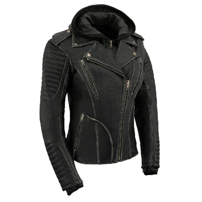 Elegant Women's Attire Milwaukee Leather MLL2516 Black Leather Rub-Off Leather Jacket with Hoodie for Women