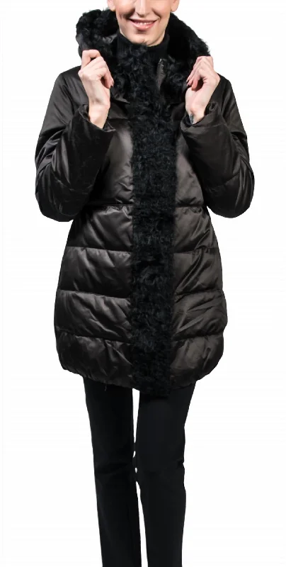 Affordable Women's Clothing Quilted Down Lamb Trim Coat In Black