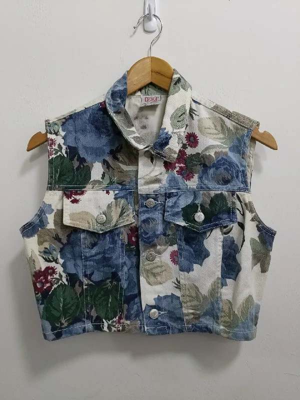 Affordable Women's Clothing Sale Online [L] Vintage Bongo Cropped Floral Print Denim Vest