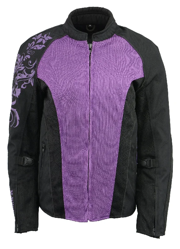 Stylish Loungewear for Women M Boss Motorcycle Apparel BOS22700 Ladies Black and Purple Mesh Jacket with Flower Printing