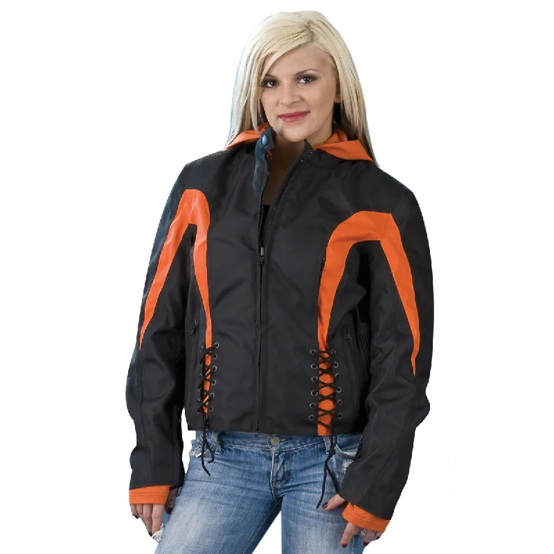 Women's Trendy Attire NexGen SH2039 Women's Black and Orange Textile Racer Jacket with Fleece Hoodie