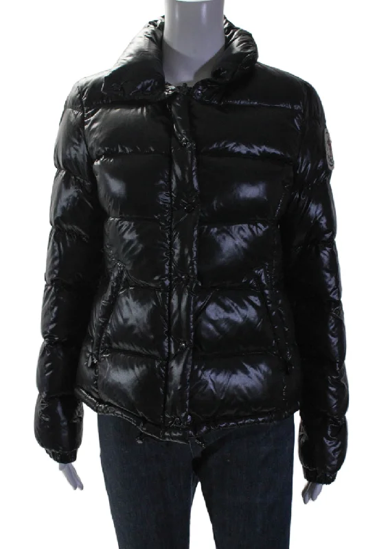 Best Online Clothing Boutiques Moncler Womens Two Pocket High Neck Long Sleeve Zip Up Puffer Coat Black