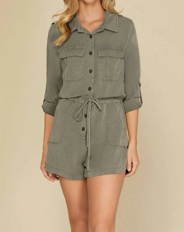 Women's Outerwear for All Weather Conditions Roll-Up Sleeve Woven Buttoned Romper In Olive