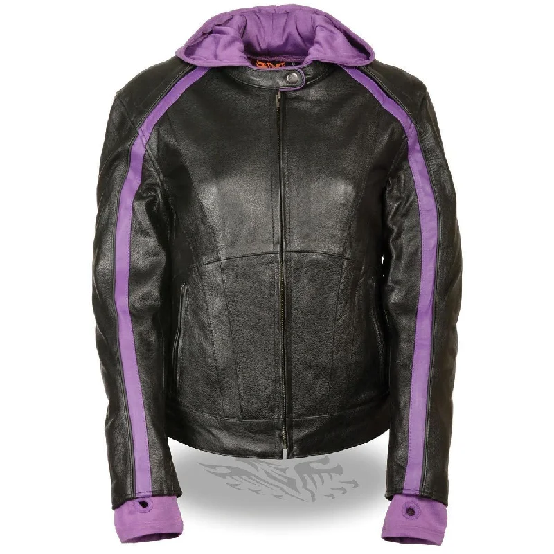 Timeless Women's Outfit Milwaukee Leather SH1951 Women's Striped Black and Purple Leather Jacket with Zip-Out Hoodie