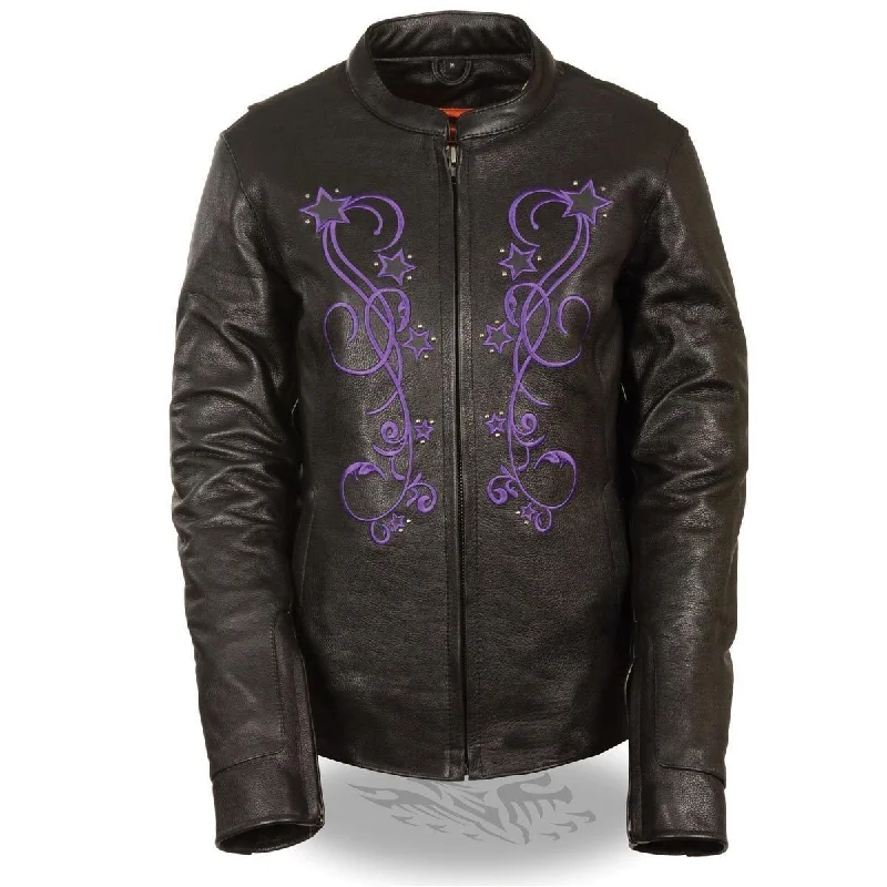 Comfortable Casual Women's Clothing Milwaukee ML2500 Women's Reflective Star Riveted Black and Purple Leather Jacket