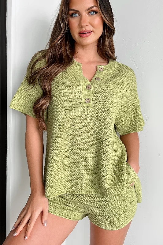 Elegant Women's Fashion Happily Lazy Waffle Knit Lounge Set (Green Apple)