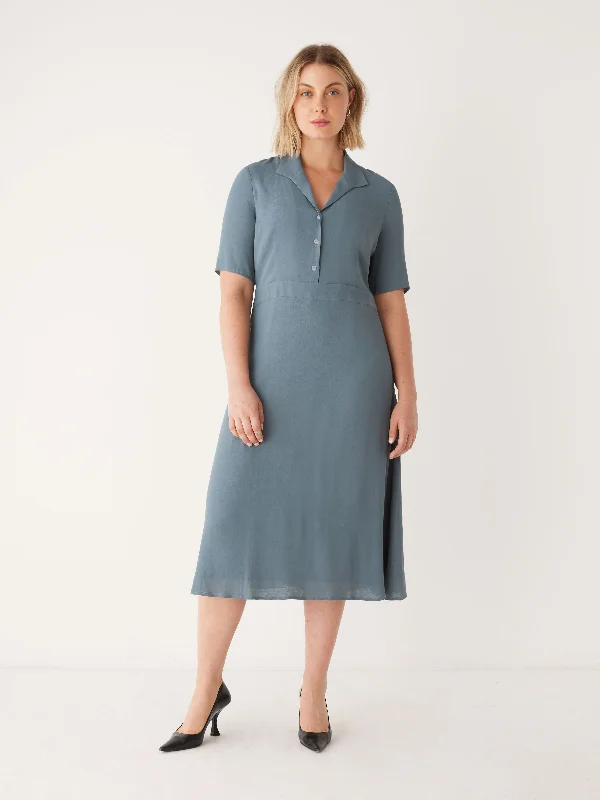 Women's Seasonal Fashion Trends The Fluid Poet Collar Long Dress in Stormy Blue