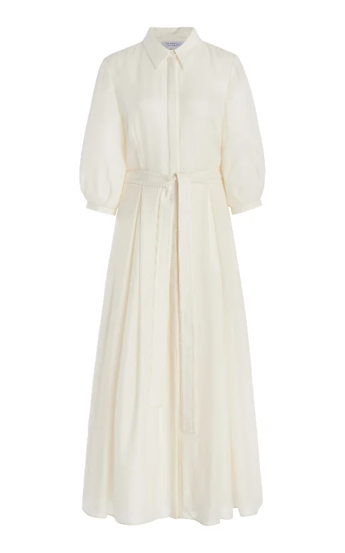 Women's Evening Clothing Andy Pleated Maxi Shirtdress in Ivory Virgin Wool Cashmere