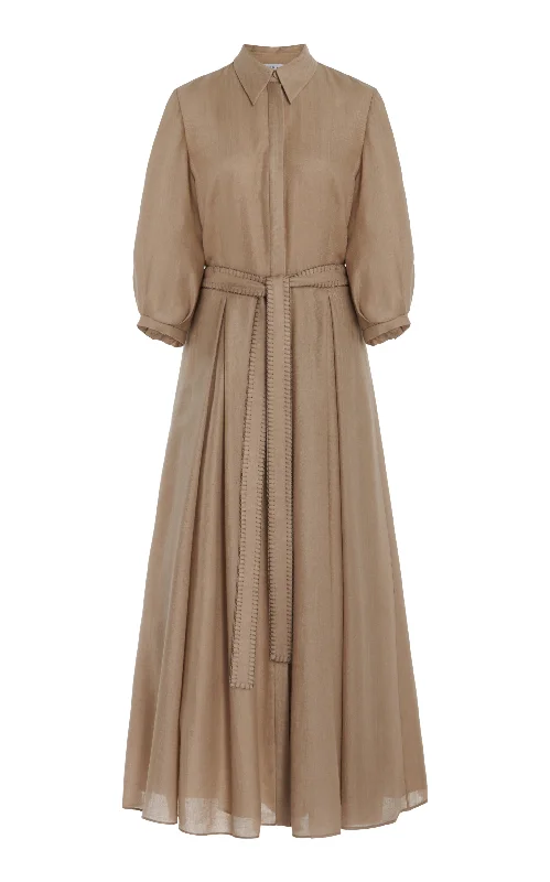 Women's Office Clothing Andy Pleated Maxi Shirtdress in Khaki Virgin Wool Cashmere